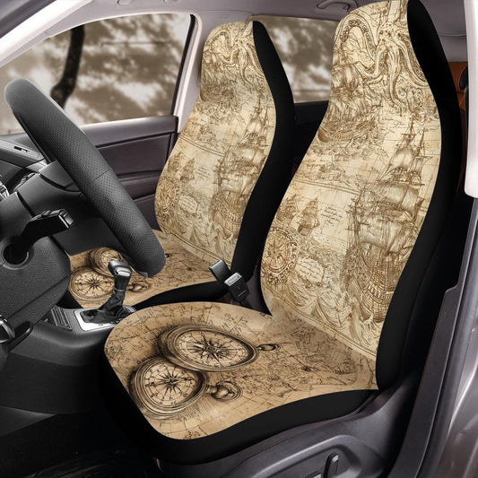 Ancient Kraken Seafaring Map Front Car Seat Cover – Universal Fit Front Seat Protector