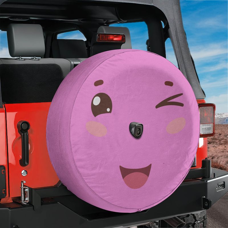 Pink Kawaii Smiling Face Spare Tire Cover With Backup Camera Hole Option