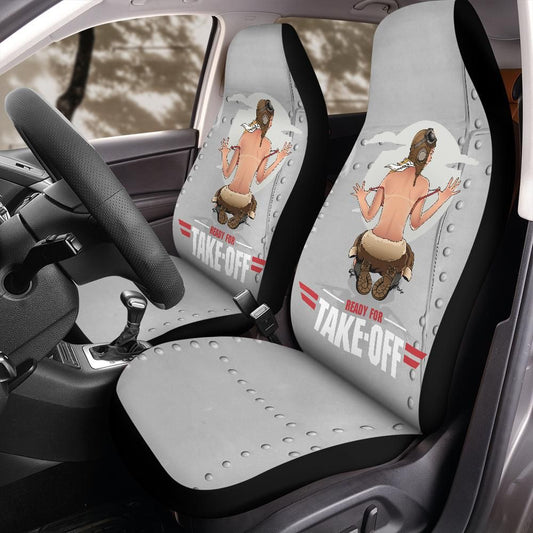 Aviation Pin-Up Seat Covers Ready for Take-Off Design for Jeep Wrangler Bronco Front Seats, Vintage Aircraft Girl Art Universal Fit Style