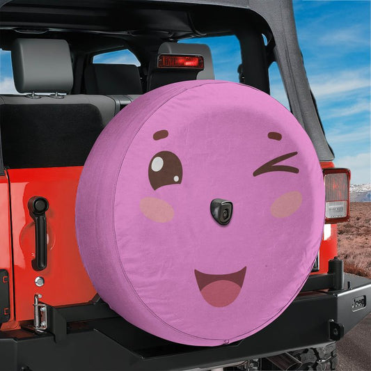 Pink Kawaii Smiling Face Spare Tire Cover With Backup Camera Hole Option