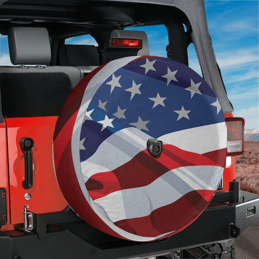 Wavey American Flag Spare Tire Cover With Backup Camera Hole Option