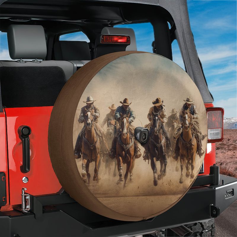 Old West Cowboy Riders Spare Tire Cover With Backup Camera Hole Option