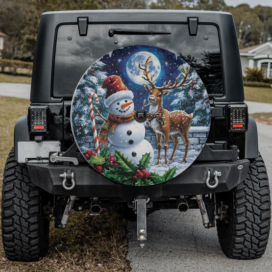 Jolly Snowman & Reindeer Night Spare Tire Cover With Backup Camera Hole Option