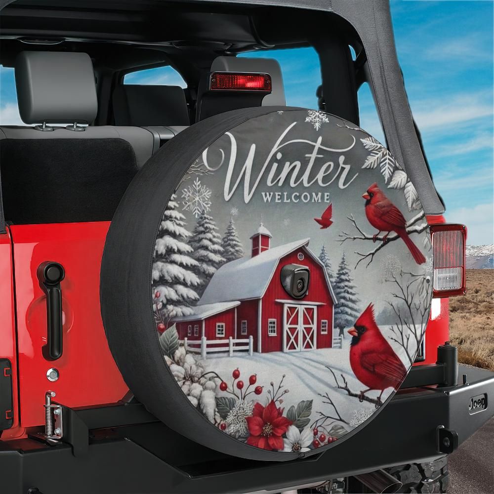 Snowy Cardinal Barn Spare Tire Cover With Backup Camera Hole Option