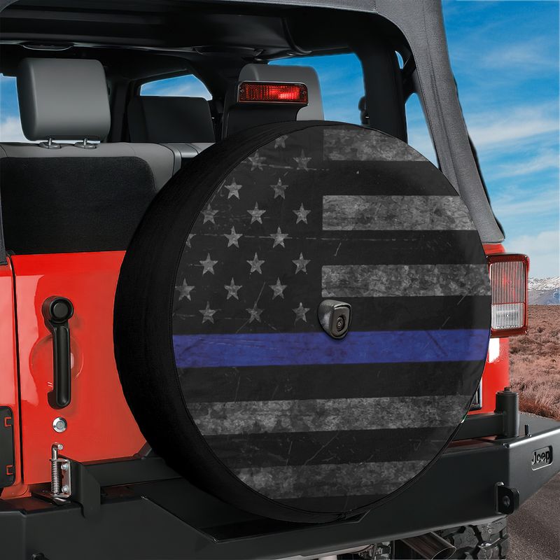 Thin Blue Line Subdued American Flag Spare Tire Cover With Backup Camera Hole