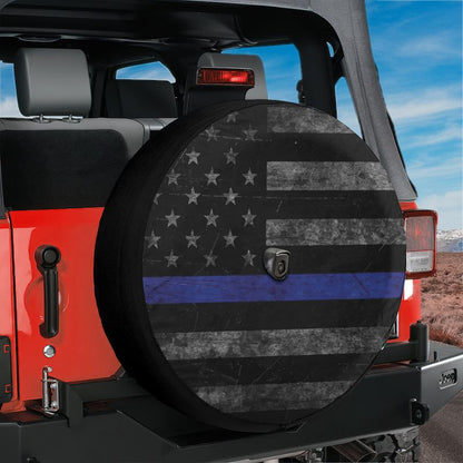 Thin Blue Line Subdued American Flag Spare Tire Cover With Backup Camera Hole