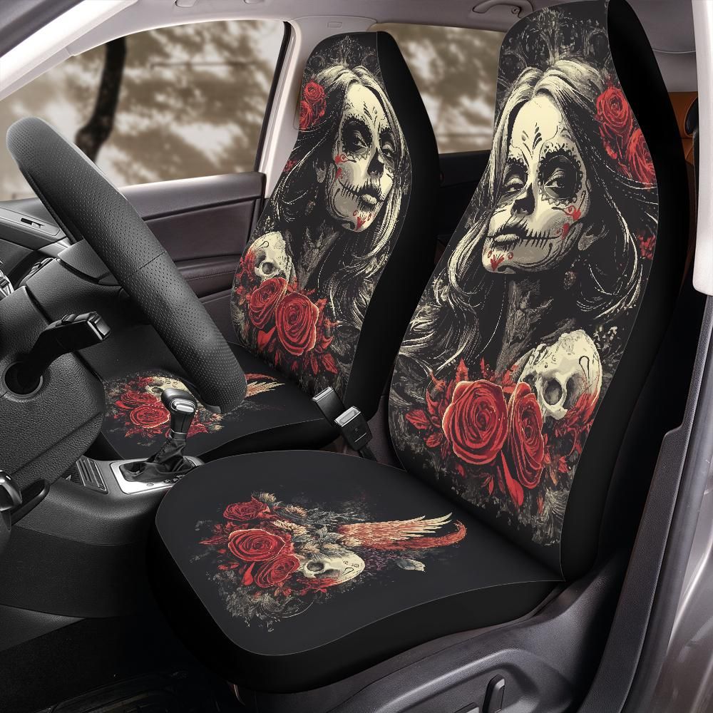 Dia de los Muertos Beauty Seat Covers Sugar Skull Floral Design for Jeep Bronco SUV Car Interior Protector Day of the Dead Gift for Her
