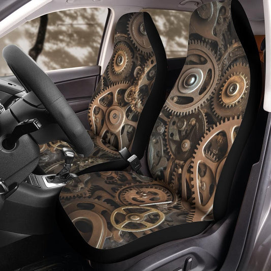 Steampunk Gear Seat Covers, Vintage Industrial Cog Design for Jeep Wrangler Bronco Front Seats, Mechanical Style Universal Fit Interior
