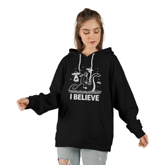 I Believe Bigfoot Riding Nessie UFO Unisex Hoodie - Cozy Cryptid Fan Sweatshirt