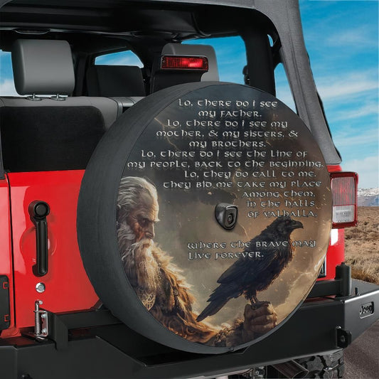 Viking Prayer Spare Tire Cover With Backup Camera Hole Option for Jeep Bronco RV Norse Myth Odin Huginn Raven Nordic Warrior Design