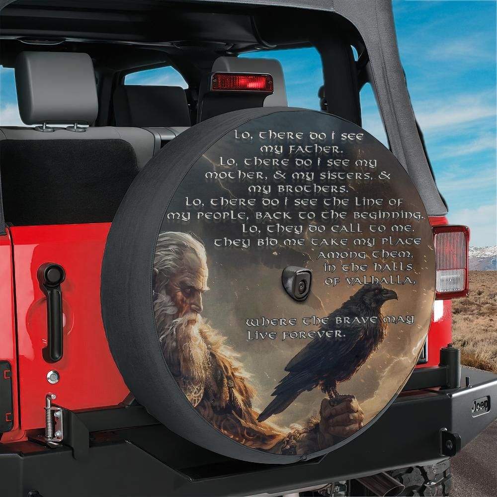 Viking Prayer Spare Tire Cover With Backup Camera Hole Option for Jeep Bronco RV Norse Myth Odin Huginn Raven Nordic Warrior Design