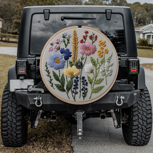 Faux Embroidery Wildflower on Wood Round Hoop Spare Tire Cover With Backup Camera Hole
