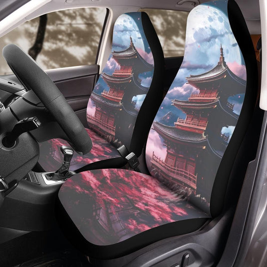 Japanese Pagoda Moonlight Seat Covers, Cherry Blossom Temple Design for Jeep Wrangler Bronco Front Seats, Universal Fit Car Interior Art