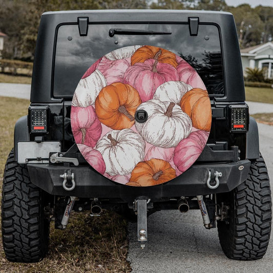 Pretty in Pumpkins Spare Tire Cover for Jeep Bronco RV with Backup Camera Hole Option Fall Pink Pumpkin Design Cute Car Accessory
