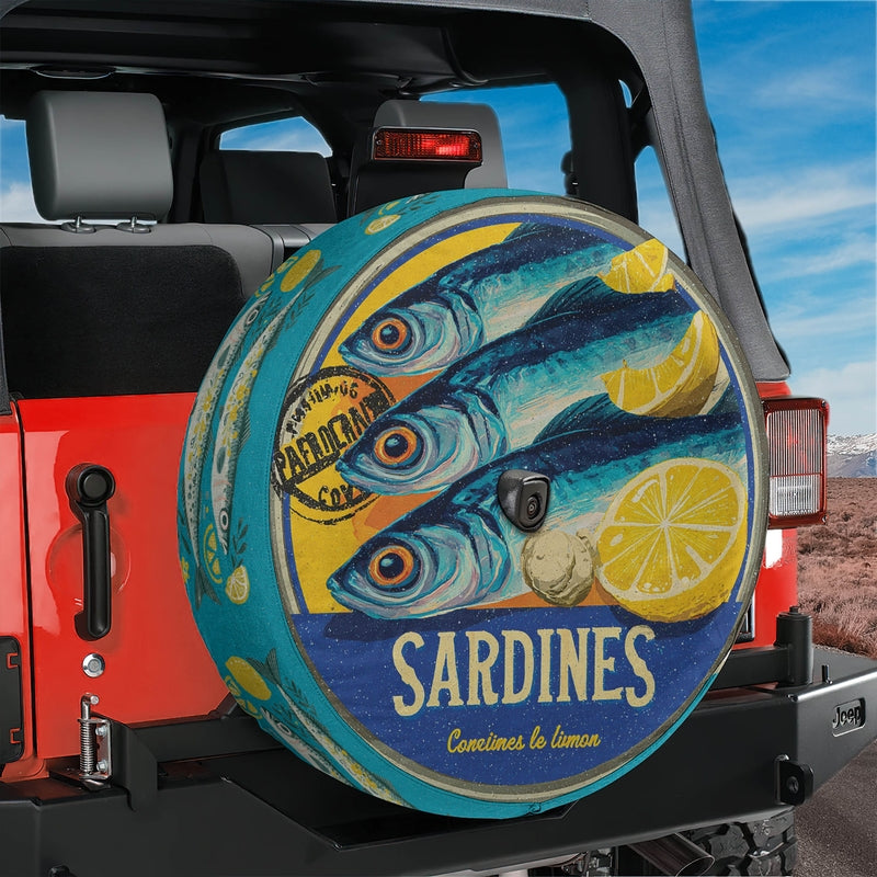 Sardine Tin Lemon Art Spare Tire Cover With Backup Camera Hole Option