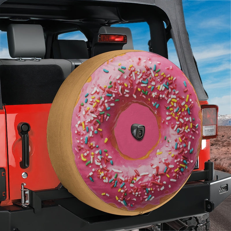 Pink Icing & Sprinkle Donut Spare Tire Cover With Backup Camera Hole