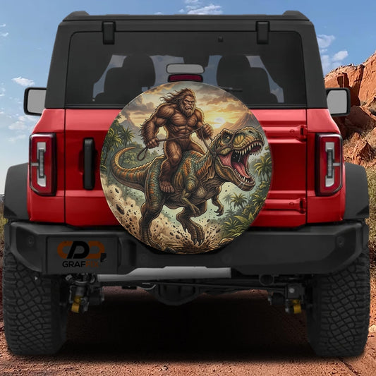 Sasquatch Riding Tyrannosaurus Rex Prehistoric Spare Tire Cover With Backup Camera Hole Option