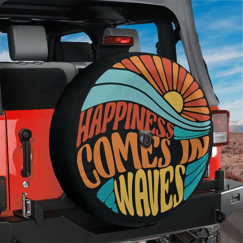 Happiness Comes in Waves Spare Tire Cover With Backup Camera Hole Option