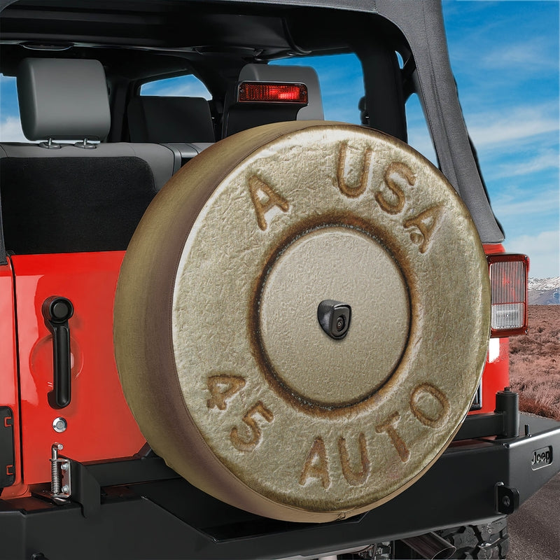 45 Caliber Brass Casing Spare Tire Cover With Backup Camera Hole Option