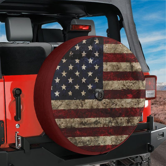 Rustic American Flag Spare Tire Cover With Backup Camera Hole Option