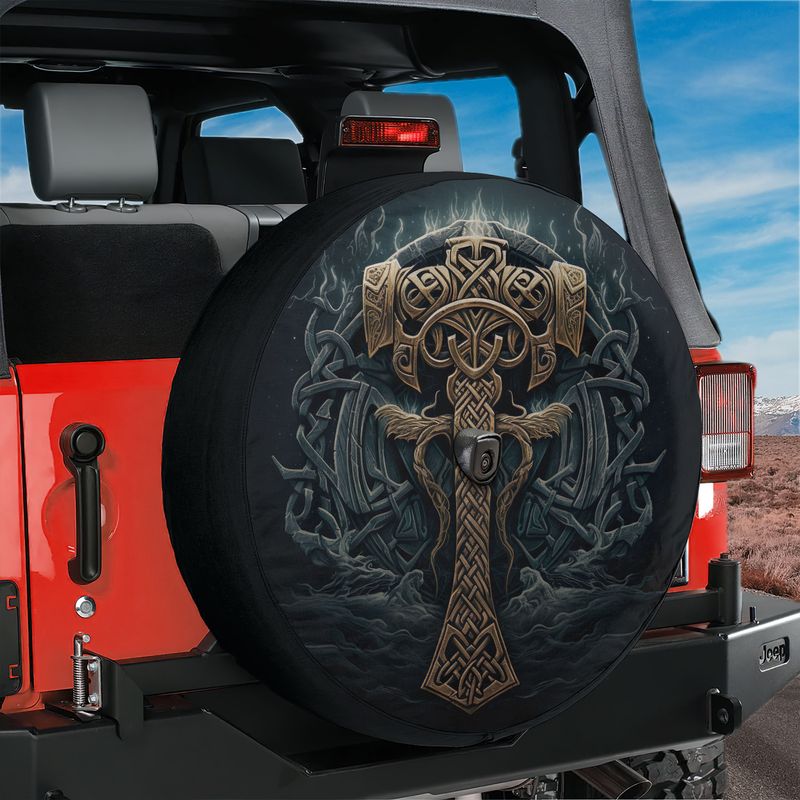 Viking Mjolnir Knotwork Tire Cover With Backup Camera Hole Option