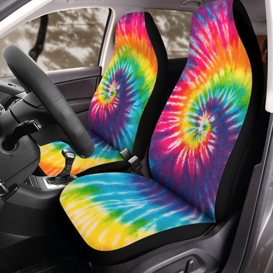 Rainbow Tie-Dye Seat Covers, Bright Spiral Hippie Front Seat Protectors for Jeep Wrangler Bronco, Colorful Car Interior Universal Fit