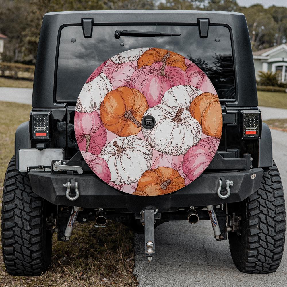 Pretty in Pumpkins Spare Tire Cover for Jeep Bronco RV with Backup Camera Hole Option Fall Pink Pumpkin Design Cute Car Accessory