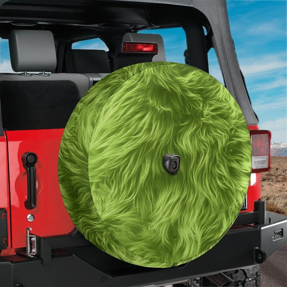 Lime Green Christmas Fuzzy Spare Tire Cover With Backup Camera Hole Option for Jeep Bronco RV SUV Whoville Holiday Style