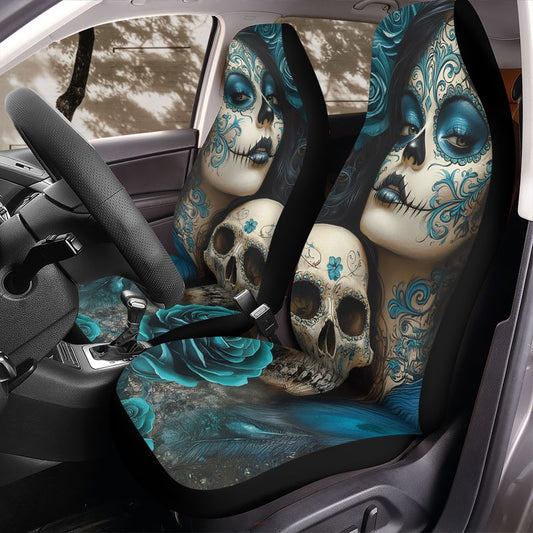 Turquoise Dia de los Muertos Seat Covers Sugar Skull Rose Car Seat Protector for Jeep Bronco SUV Day of the Dead Interior Gift for Her