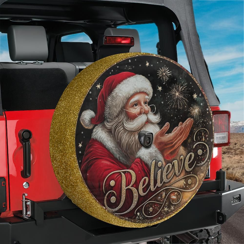 Believe In Santa Claus Spare Tire Cover With Backup Camera Hole Option