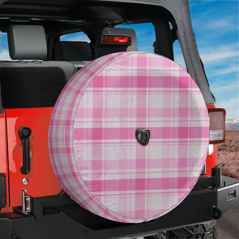 Pink Plaid Spare Tire Cover With Backup Camera Hole