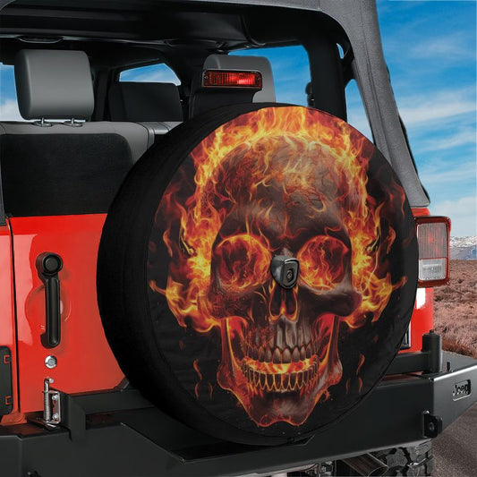Flaming Skull Spare Tire Cover With Backup Camera Hole Option