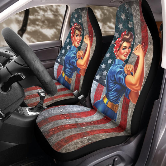 Patriotic Riveter Girl Seat Covers, American Flag Front Seat Protectors for Jeep Wrangler Bronco, Vintage USA Style Universal Fit Design