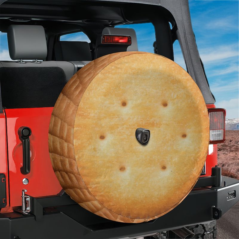 Buttery Round Cracker Stack Spare Tire Cover With Backup Camera Hole