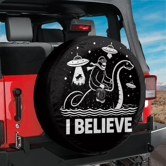 I Believe Bigfoot Riding Nessie UFO Spare Tire Cover With Backup Camera Hole Option