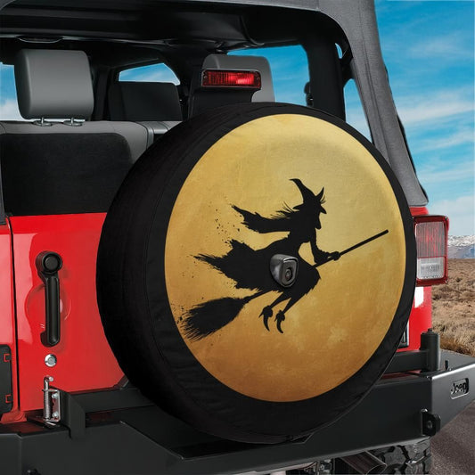 Halloween Witch Flying Across Full Moon Spare Tire Cover With Backup Camera Hole Option