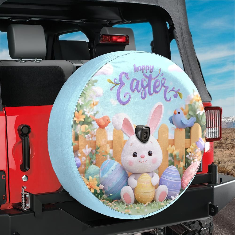Cute Pastel Easter Bunny Spare Tire Cover With Backup Camera Hole