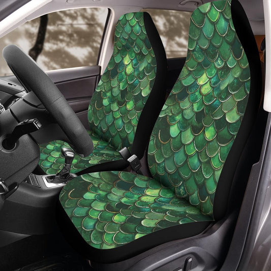 Green Dragon Scale Seat Covers, Mermaid Scale Front Seat Protector for Jeep Bronco, Fantasy Reptile Car Interior Universal Fit Design