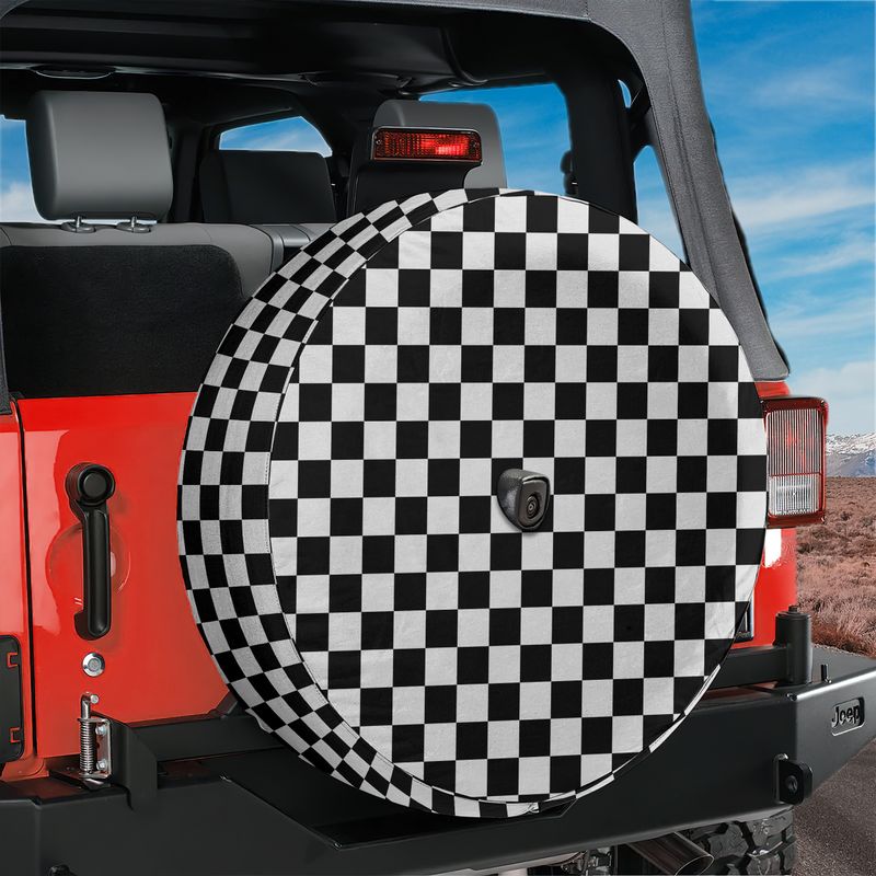 Black and White Checkered Board Spare Tire Cover With Backup Camera Hole Option