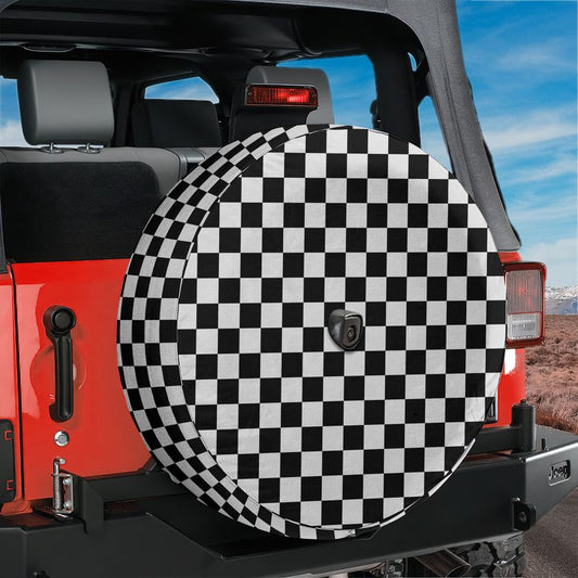 Black and White Checkered Board Spare Tire Cover With Backup Camera Hole Option