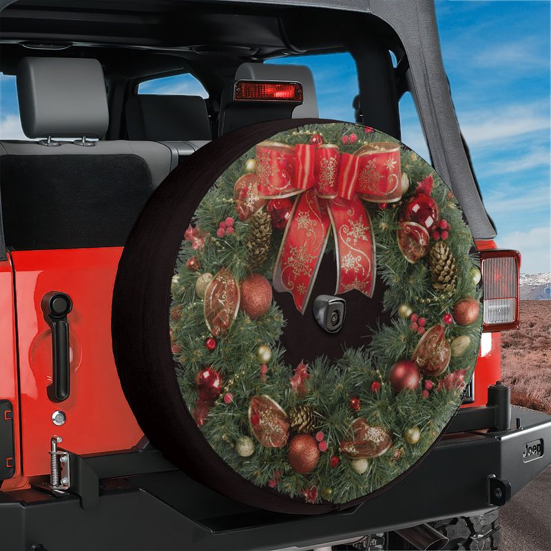 Red Bow Christmas Wreath Spare Tire Cover With Backup Camera Hole Option