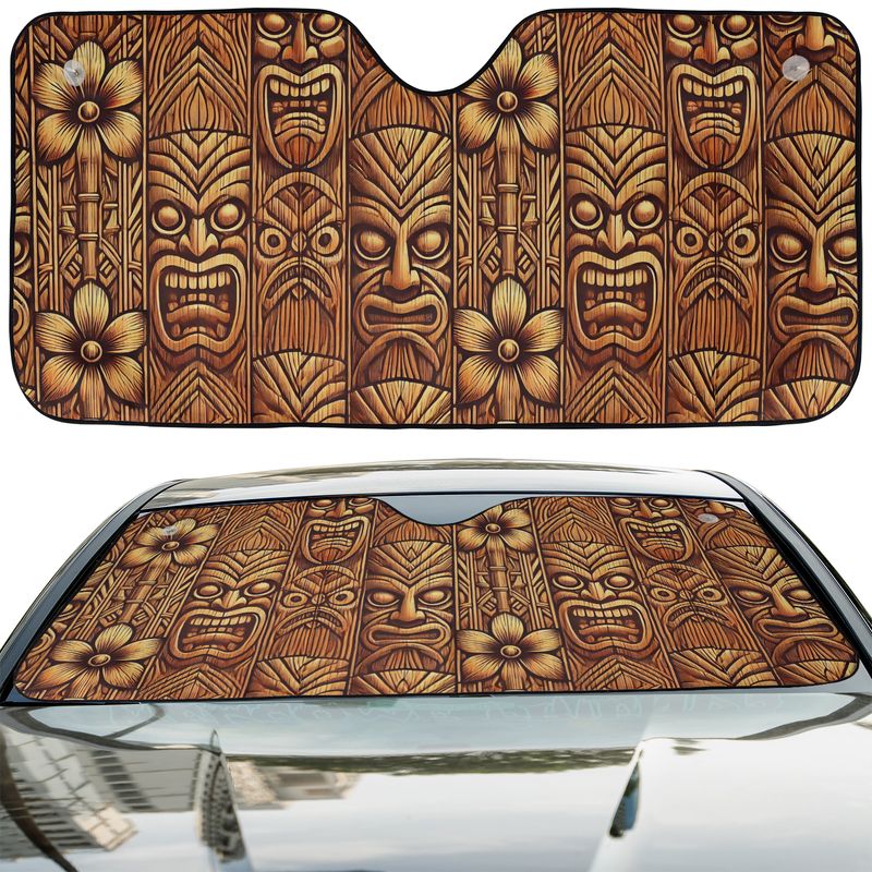 Tribal Tiki Woodgrain Car Windshield Cover Sun Shade