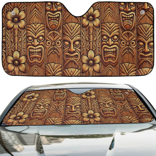 Tribal Tiki Woodgrain Car Windshield Cover Sun Shade
