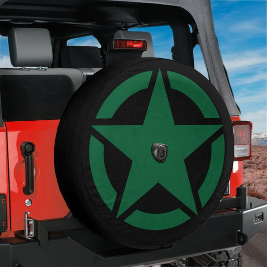 Green Military Star Spare Tire Cover With Backup Camera Hole Option