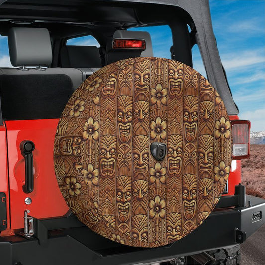 Tiki Wood Spare Tire Cover With Backup Camera Hole Option