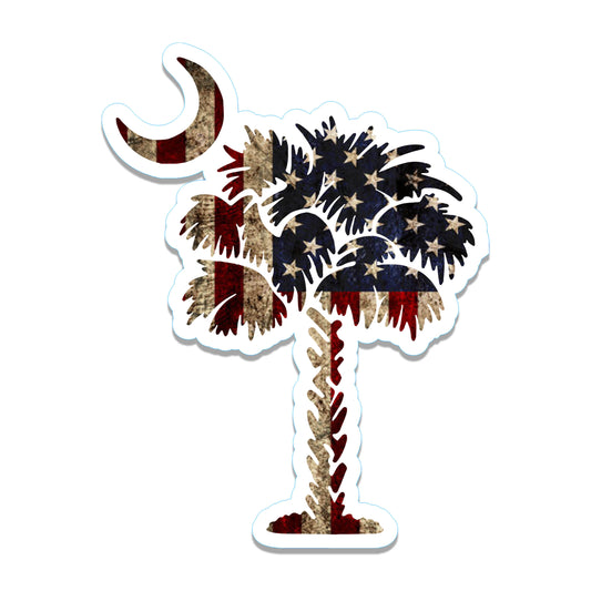 Rustic American Flag Palmetto Tree & Moon Vinyl Sticker