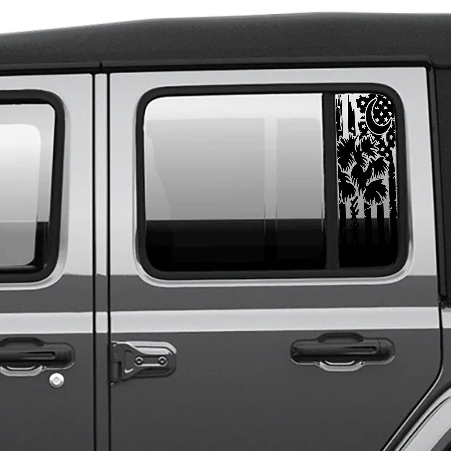 Tattered American Flag with Palmetto Crescent Moon Pattern Side Window Vinyl Decal Set - Fits Jeep Wrangler JL 2018+/Fits Jeep Gladiator JT 2020+