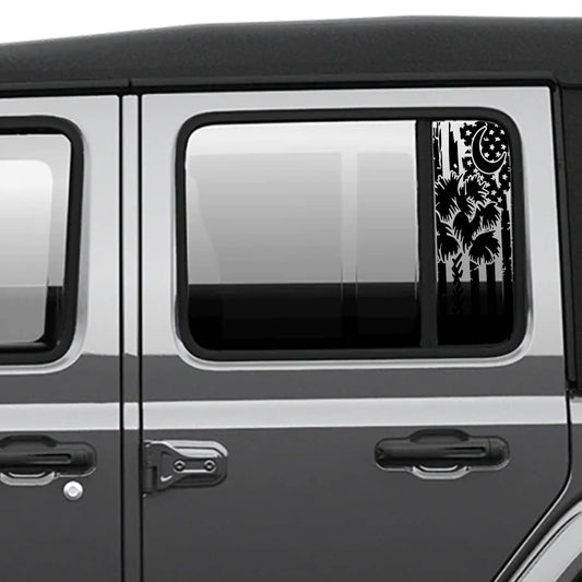 Tattered American Flag with Palmetto Crescent Moon Pattern Side Window Vinyl Decal Set - Fits Jeep Wrangler JL 2018+/Fits Jeep Gladiator JT 2020+