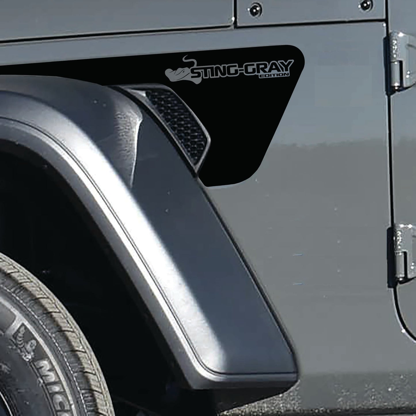 Sting-Gray Edition 2pc Fender Vent Vinyl Transfer Decals for 18+ Wrangler JL JLU Gladiator JT