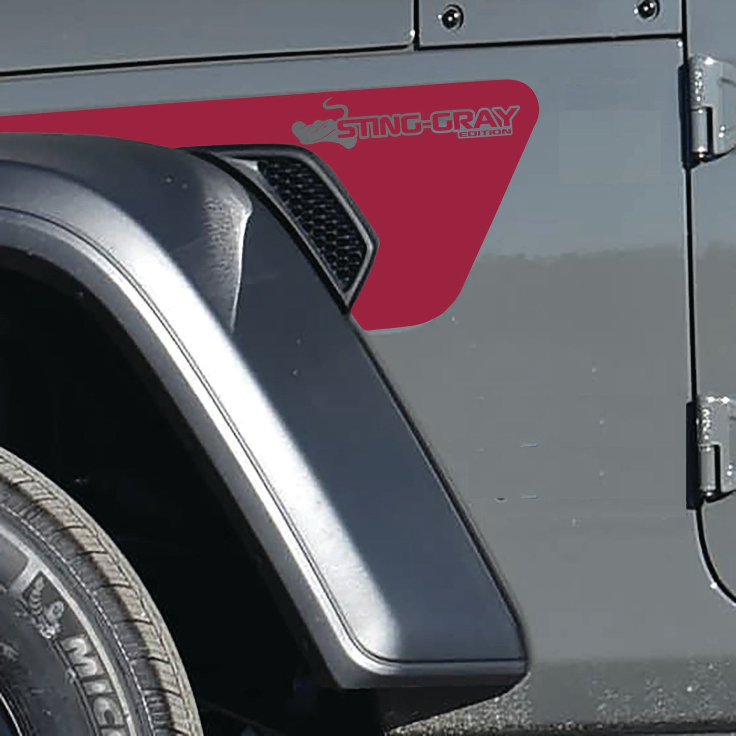 Sting-Gray Edition 2pc Fender Vent Vinyl Transfer Decals for 18+ Wrangler JL JLU Gladiator JT